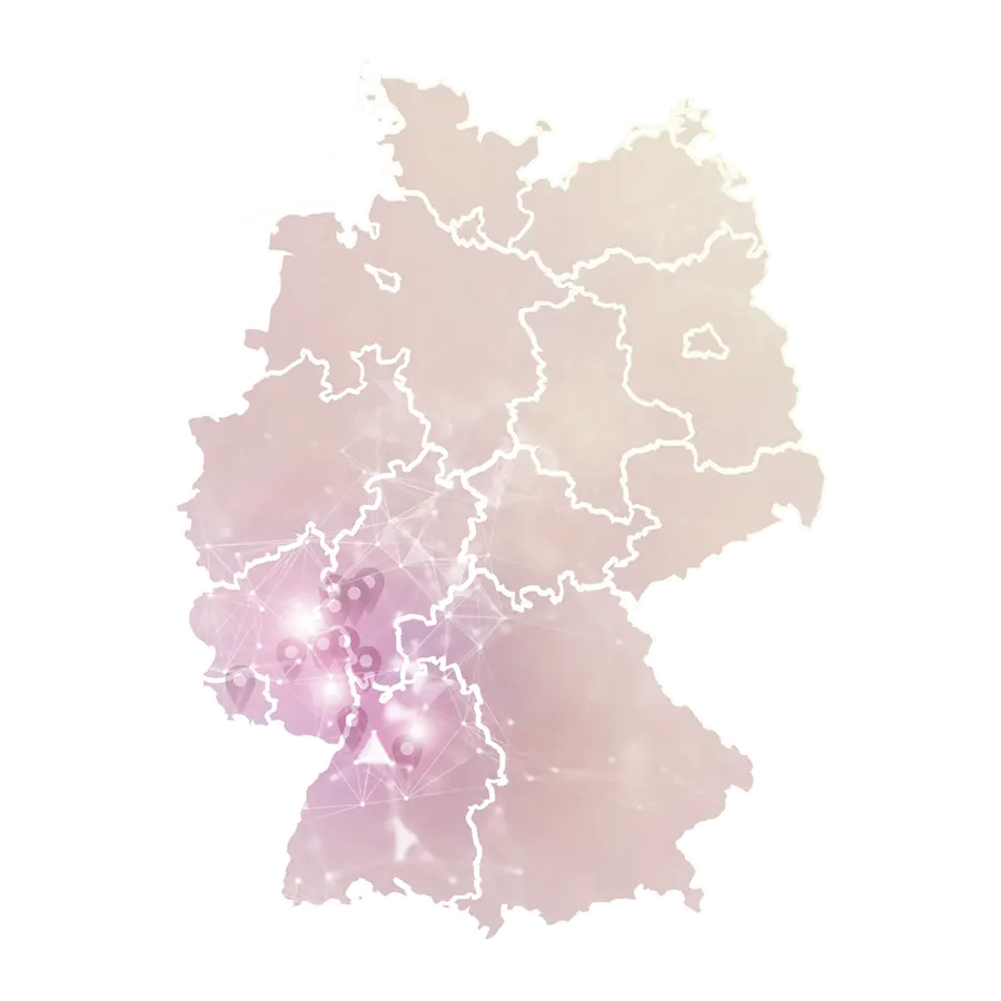 Deutschlandkarte in beige mit Ortspins im Bereich Rheinland-Pfalz, Saarland, Baden-Württemberg und Hessen