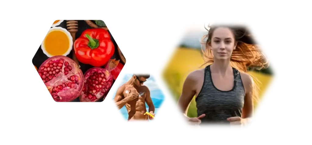 Gesunde Ernährung und Bewegung sowie Sonnenschutz für gesunde Haut und Haare Fotos