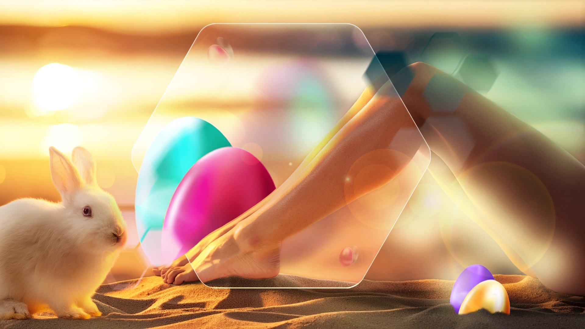 Osterhintergrund mit Osterhase und glatten Beinen am Strand.